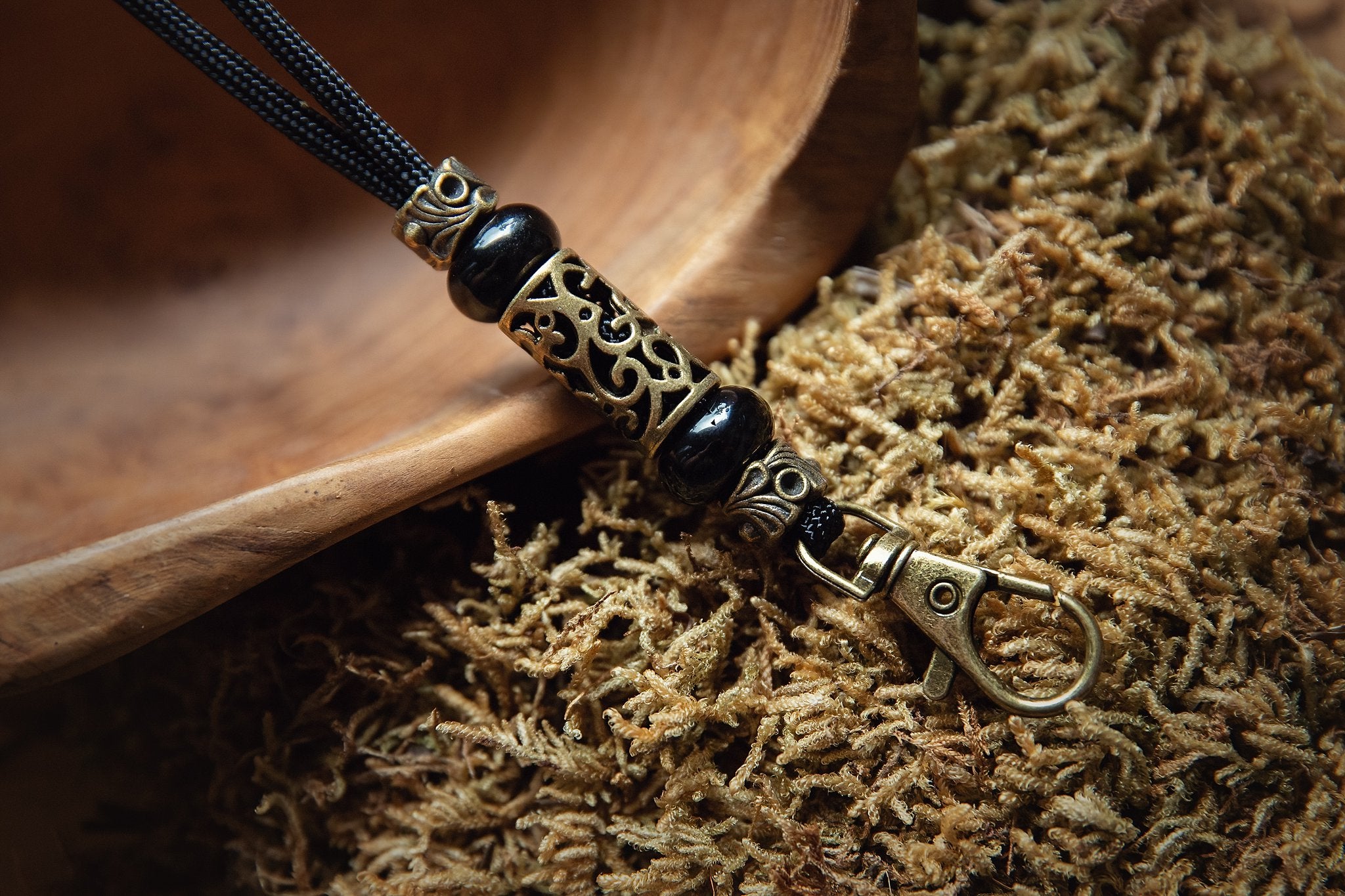 Fluitkoord Zwart met Obsidiaan kralen